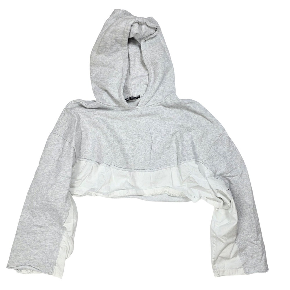 Zara Active Gray White Color Block Cropped Long Sleeve Hoodie Women's Size Large